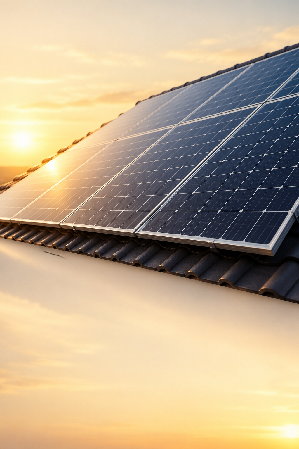 Rooftop solar panels in warm sunlight